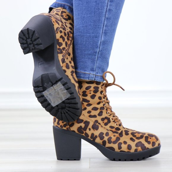 Lace-Up Lug Chunky Block High Heel Ankle Boots Leopard Faux Suede - Picture 6 of 12